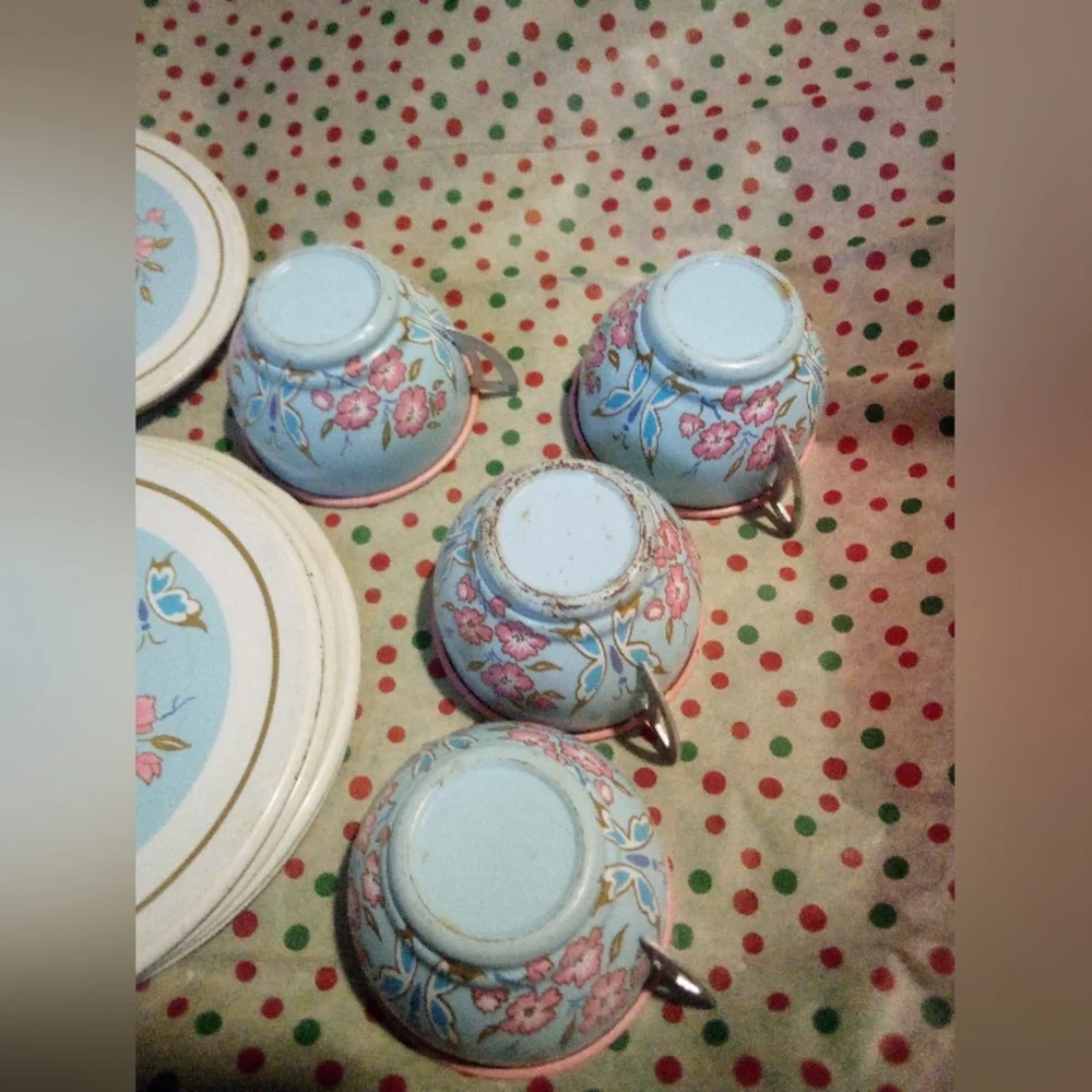 Vintage Metal Toy Dishes Dollhouse Pink Flower Butterfly